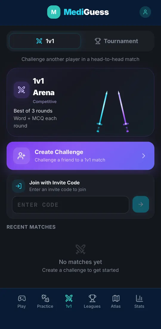 1v1 Arena screen with Create Challenge and Join with Invite Code