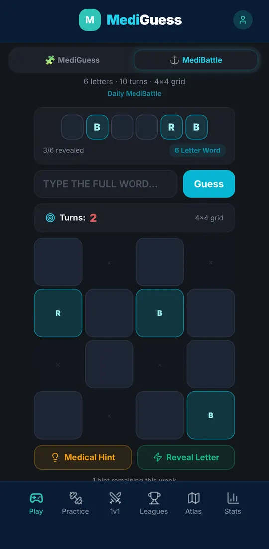 Daily MediBattle in the MediGuess app: a 4 by 4 grid with letters B and R found, and Medical Hint and Reveal Letter buttons