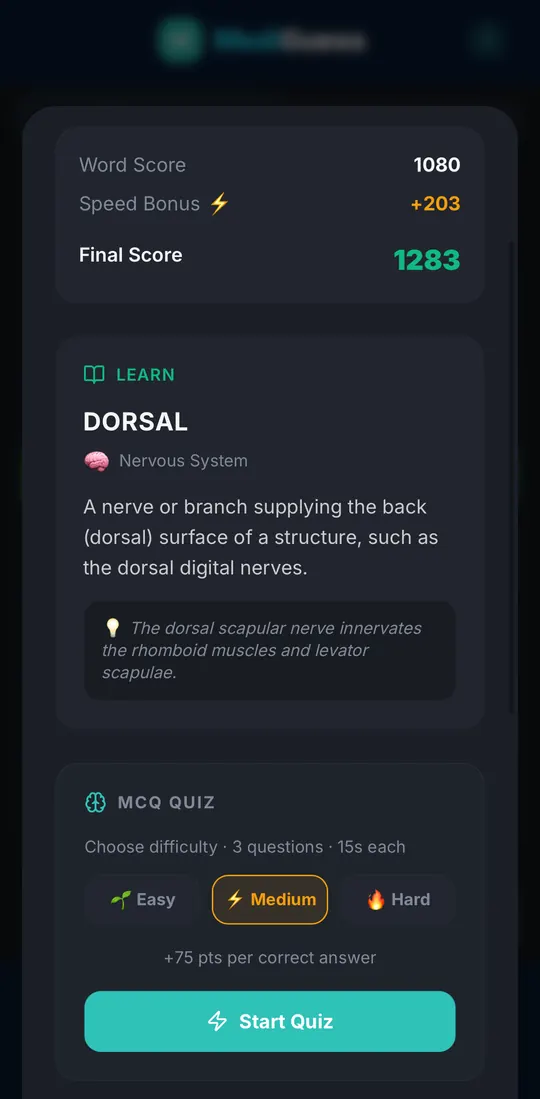 MediGuess learn screen for the word DORSAL, showing the definition, the body system and the MCQ quiz