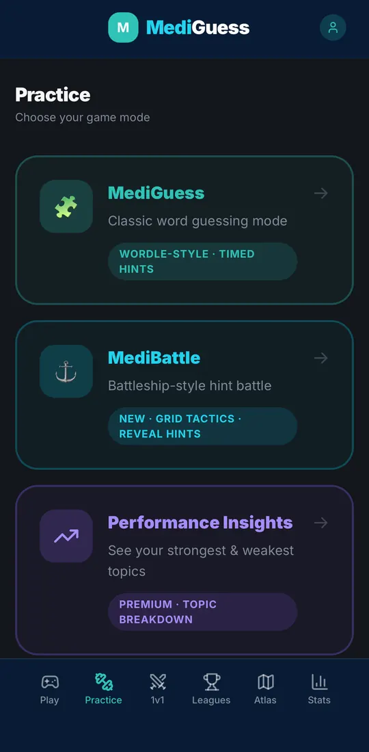 Practice screen with MediGuess, MediBattle and Performance Insights
